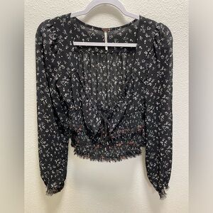 Free People Printed Lolita Top Low Cut Sheer Cropped Boho Floral Coquette XS